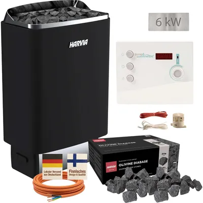 Produktbild von Harvia TopSteel M60E Black - 6 kW Saunaofen Set 7-teilig, K2 Steuerung T4W Edition, Steine & Kabel - Einsteiger-Set