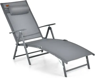 Imagen del producto de Silla de jardín plegable para exteriores, con 7 posiciones de reclinación, reposacabezas, y capacidad de carga de hasta 150 kg (gris)
