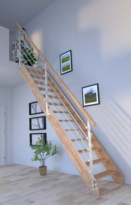 Produktbild von Holztreppe Rhodos in gerader Ausführung-Eiche-Design Geländer Edelstahl-ohne Setzstufen