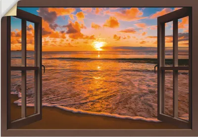 Produktbild von ARTland Wandbild, selbstklebend Fensterblick Sonnenuntergang am Strand Größe: 130x90 cm