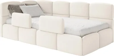 Produktbild von Selsey Cloudy – Kinderbett 120x200, Kopfteil links, Matratze & Bettkasten, Samt Creme