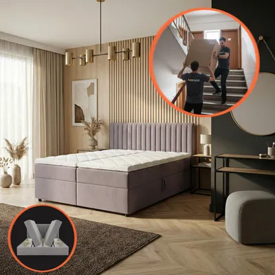 Obrázek produktu pro Čalouněná manželská postel Boxspring 180x200 cm - S úložným prostorem - Matrace Bonell H3 a Topper - Kompletní set - Růžová