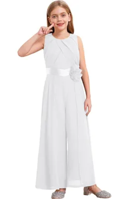 Produktbild von Festlicher Mädchen Jumpsuit ärmellos mit Gürtel – eleganter Overall mit Plissee und weitem Bein für Hochzeit, Abend, Feier – Gr. 152
