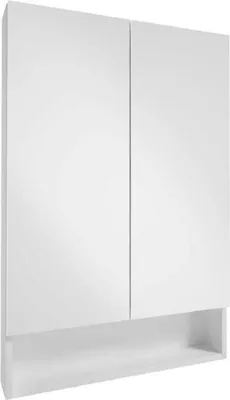 A white bathroom cabinet with a mirror and a shelf below.