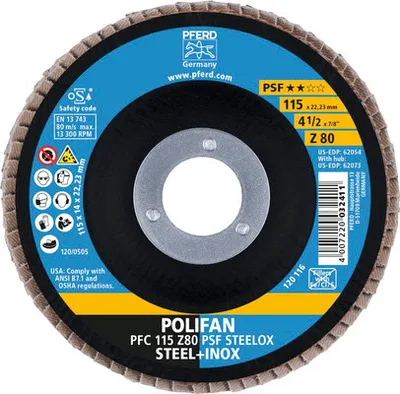 Produktbild von Schleifmopteller Fächerscheibe PFERD PSF STEELOX Stahl/Inox Ø 115x22,23 mm Korn 80