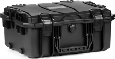 A black transport case with latches and a handle.