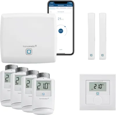 Produktbild von Homematic IP Funk Smart Home Heizungssteuerung Komplettpaket für 4 Heizkörper mit App. Inhalt: Access Point, 4 Heizkörperthermostate, 2 Tür-Fensterkontakte, 1 Wandthermostat. Kompatibel mit Alexa und Google Home.