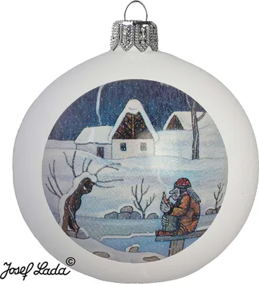 A white Christmas ornament with a winter scene illustration.