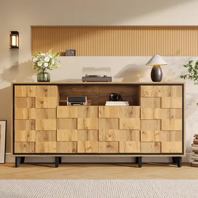 Imagen del producto de Mueble aparador Merax con 4 puertas y un compartimento central abierto, cómoda con frente texturizado, armario para sala de estar de MDF con diseño sin tiradores, color natural