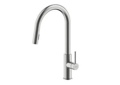 A silver kitchen faucet on a white background.
