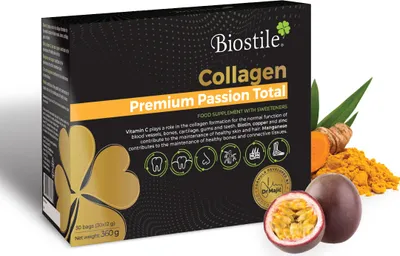 Produktbild von Biostile Collagen Premium Passion Total - 30 saszetek z 8600 mg hydrolizowanego kolagenu, witaminą C, kurkuminą, shilajit, cynkiem, miedzią, biotyną, manganem i krzemem dla skóry, stawów i kości.