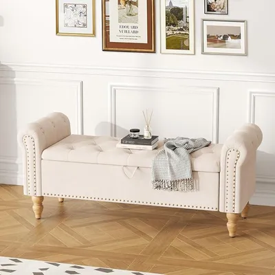 Produktbild von Sitzbank mit Stauraum, Bettbank Aufbewahrungsbox Fußbank 132 x 45 x 53 cm, Polsterbank mit Beinen für Wohnzimmer Schlafzimmer Flur, Beige