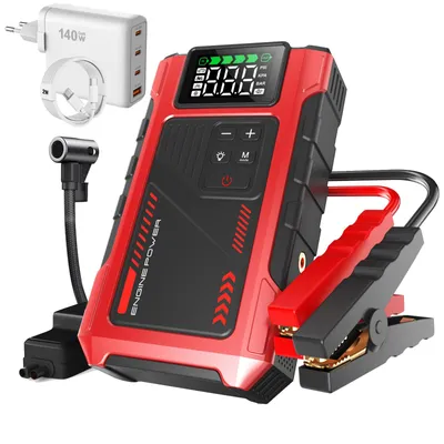 Produktbild von 5 in1 Auto Starthilfe Startgerät Starthilfekabel mit 150PSI Luftkompressor Jump Starter 6000A 12000mAh, Powerbank mit PD-140W Schnellladegerät Adapter