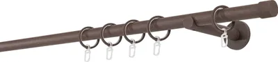 A curtain rod with rings and clips, shown against a white background.