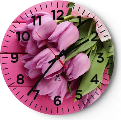 Produktbild von Wanduhr - Rund - Glasuhr - Tulpen Blumenstrauß Garten - 40x40cm - Schleichendes Uhrwerk - Lautlos - zum Aufhängen bereit - Dekoration Modern - Wanddekoration aus Glas - C4AR40x40-2722
