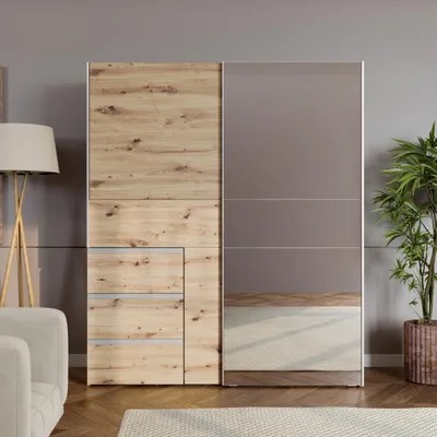 Produktbild von Forte WINN 2 Kleiderschrank 170, moderner Kleiderschrank mit 2 Schwebetüren, 3 Schubladen, Spiegel, Holzwerkstoff, Artisan Eiche Holzdekor, 170,3 cm breit x 200,5 cm hoch x 61,2 cm tief
