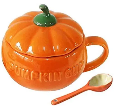Produktbild von Kürbistasse mit Deckel und Löffel, Keramik, 800ml, Suppenschüssel, Kaffeebecher