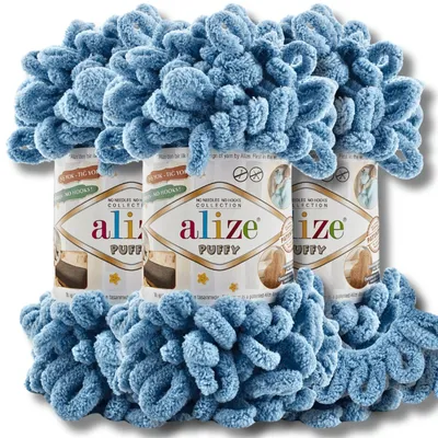 Imagen del producto de Alize Puffy, lana voluminosa, 3 ovillos de 100g, color sólido, ideal para tejer a crochet o a dos agujas (azul medio - 280)
