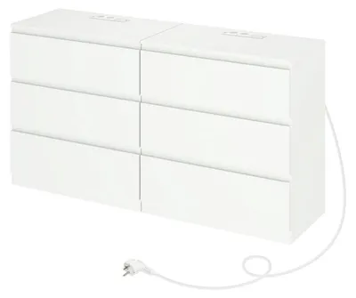 Productafbeelding van Set van 2 witte commodes, 70 cm breed, met stopcontact en 3 lades, afmetingen 70x40x75 cm