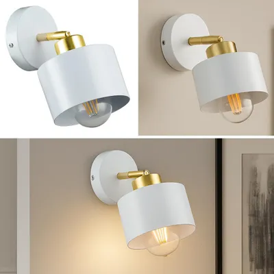 A collage of three images showing a modern white and gold wall lamp with a visible light bulb.