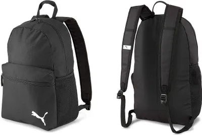 Two views of a black Puma backpack are shown against a white background.