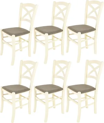 Produktbild von t m c s Tommychairs - 6er Set Stühle CROSS für Küche und Esszimmer, robuste Struktur aus lackiertem Buchenholz in der Anilinfarbe Weiss und gepolsterte Sitzfläche mit Stoff in der Farbe Rehbraun bezogen