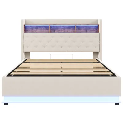 Produktbild von Flieks Polsterbett 180x200cm mit Ladefunktion, Doppelbett Boxspringbett mit Staufach, Jugendbett Holzbettt mit LED und Lattenrost, Leinen, Beige