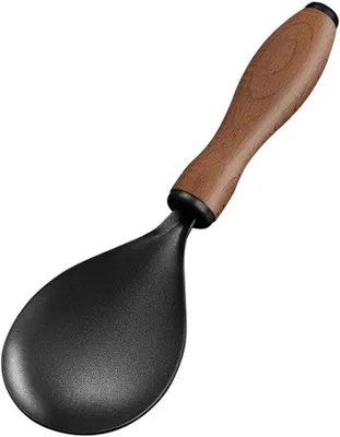 Produktbild von Reislöffel aus schwarzem Edelstahl mit Holzgriff, antihaftender stehender Reisschaufel für die Küche, ergonomischer Servierlöffel 21.5cm