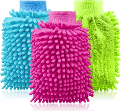 Produktbild von COM-FOUR® 3x Waschhandschuh für KFZ und Haushalt - Microfaser-Handschuh - Chenille-Handschuh - Putzhandschuh für die Autopflege, Autowäsche und Fensterreinigung