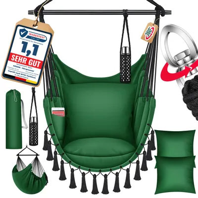 Immagine prodotto di KESSER® Sedia sospesa con 2 cuscini Portabevande e scomparto per libri - Safari XXL Sedia sospesa per adulti e bambini Amaca fino a 150 kg Sospensione per sedia sospesa Interni ed esterni Casa e giardino Terrazza