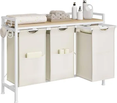 Produktbild von WOLTU Wäschekorb 3 Fächer, jedes 40 L, Metallrahmen, Oxford-Stoff-Wäschesack : Weiß Farbe: Weiß
