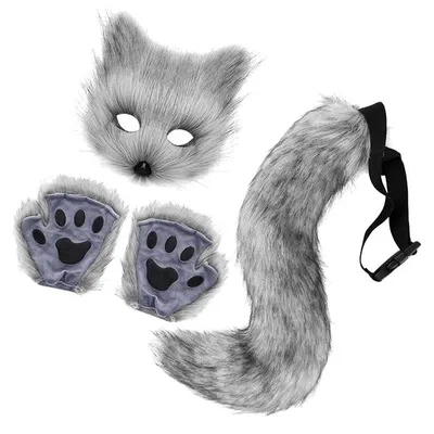 Imagen del producto de Conjunto de disfraz de animal – Accesorios para cosplay – Máscara, cola, patas, color gris – Disfraz de Halloween – Ideal para carnaval, fiestas, Navidad y celebraciones