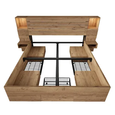 Produktbild von Abrihome Klassisches Bett 180x200cm Doppelbett mit LED-Beleuchtung und USB, Stauraumbett Massivholzbett mit Schubladen(Ohne Matratze)