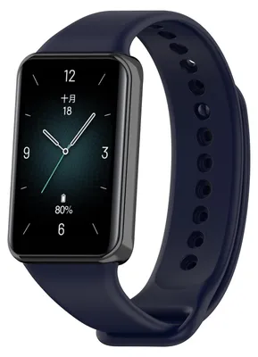 A close-up studio shot of a dark blue smart band with its screen displaying the time and battery level.