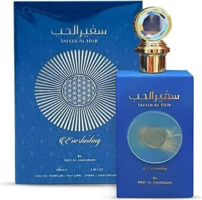 A perfume bottle and its packaging are displayed against a white background.