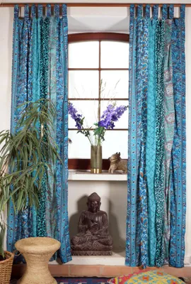Produktbild von Boho Patchwork Vorhänge, 1 Paar Bohemia Gardine aus Sareestoff, Unikat 250 cm - Türkis, Polyester, Dekovorhänge