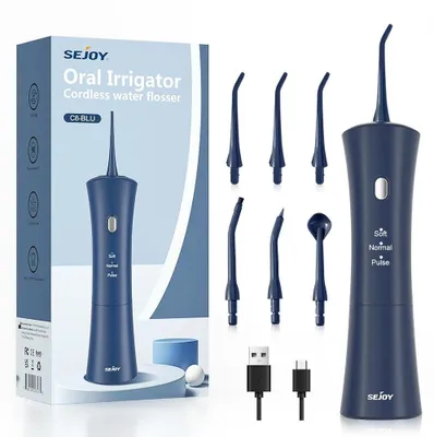 Produktbild von Oral Irrigator Munddusche - Elektrischer Wasserflosser - 3 Modi - 150 ml Tank - IPX7 Wasserdicht - USB-C Akku - 6 Aufsätze - Blau
