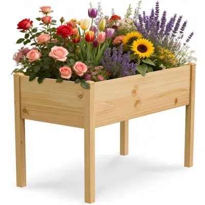 Produktbild von Meulbaty Hochbeet aus Holz mit Beinen, natürlicher Pflanzkasten aus massivem Kiefernholz, ergonomische Arbeitshöhe 80 cm, für Terrasse