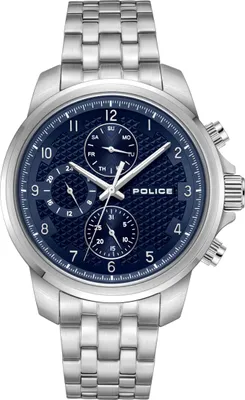 A close-up studio shot of a men's wristwatch with a silver metal band and a blue dial.