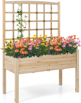 Produktbild von GOPLUS Hochbeet mit Rankgitter, Blumenkasten mit Spalier, Pflanzkasten mit Rankhilfe, 119 x 60 x 160cm, Natur