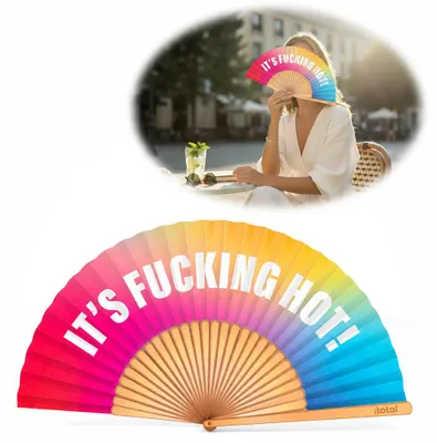 Produktbild von LS-LebenStil Handfächer aus Holz Stoff "It´s Fucking Hot" Bunt Fächer faltbar Faltfächer mit coolem lustigem Spruch Geschenk Hochzeit Party Wanddeko