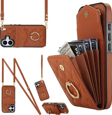 Obrázok produktu pre Crossbody puzdro z umelej kože pre Apple iPhone 17 s kosoštvorcovým vzorom a slotom na kartu RFID hnedé