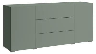 Zdjęcie produktu dla Nowoczesna komoda 150 cm stojąca, 3 szuflady i 2 szafki, mat Mglista zieleń