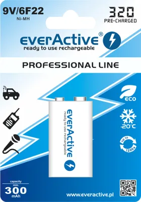 Produktbild von everActive Akku 9V 320 mAh, NI-MH, Block, wiederaufladbar, vorgeladen, höchster Leistung, Professional Line 6F22 HR22 8.4V, 1 Stück - 1 Blisterkarte