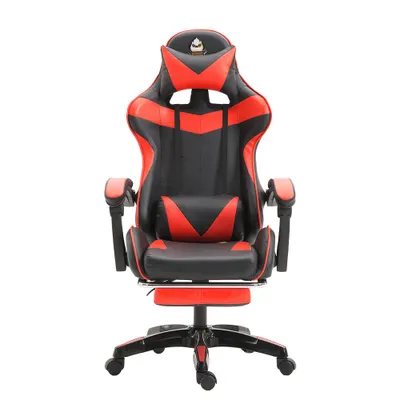 A gaming chair with a black and red design, shown from the front.