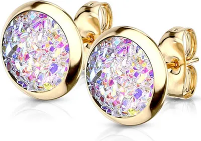 Produktbild von Druzy Ohrstecker: Runde Glitzer Ohrringe aus Edelstahl Gold / Aurora Borealis