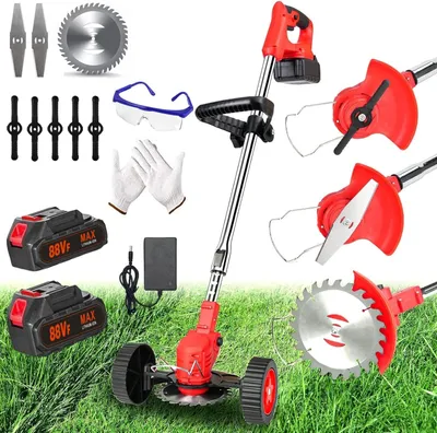 A cordless weed wacker and its accessories are displayed on a grassy surface.