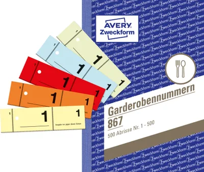 Produktbild von Avery Zweckform 867, Garderobennummern, 5-farbig, A6, 1-500 Abschnitte pro Buch, 2 Bücher pro Farbe