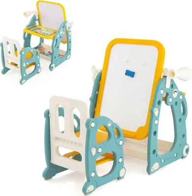 Produktbild von 4 in 1 Kinder Staffelei mit Stuhl, höhenverstellbare Kinderstaffelei mit Stauraum, Whiteboard, Teleskop & Ringwurfspiel, Kindertisch Aktivitätstisch Zeichentisch für Kinder von 1-8 Jahren