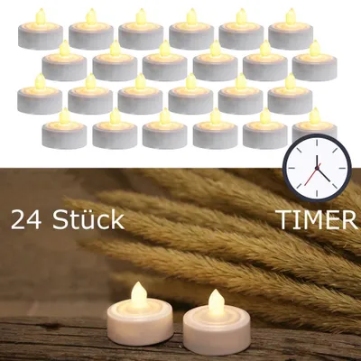 Produktbild von LED Teelichter - warmweiß flackernde Flamme - inkl. Batterien - Timer - D: 3,6cm - weiß - 24er Set